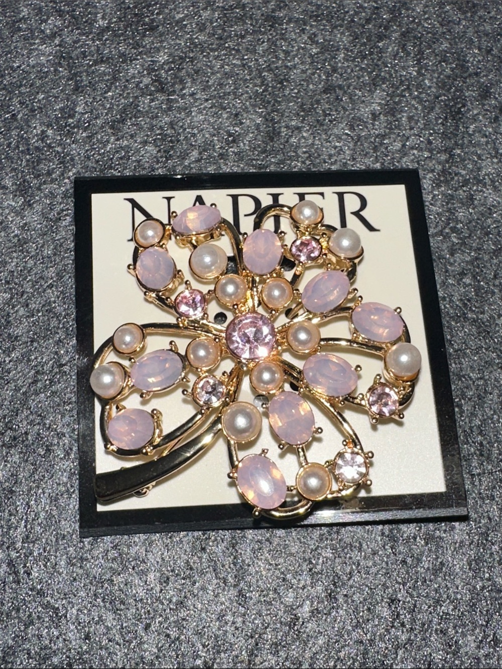 Napier Gold-Tone Pink Opal & Pearl Floral Brooch